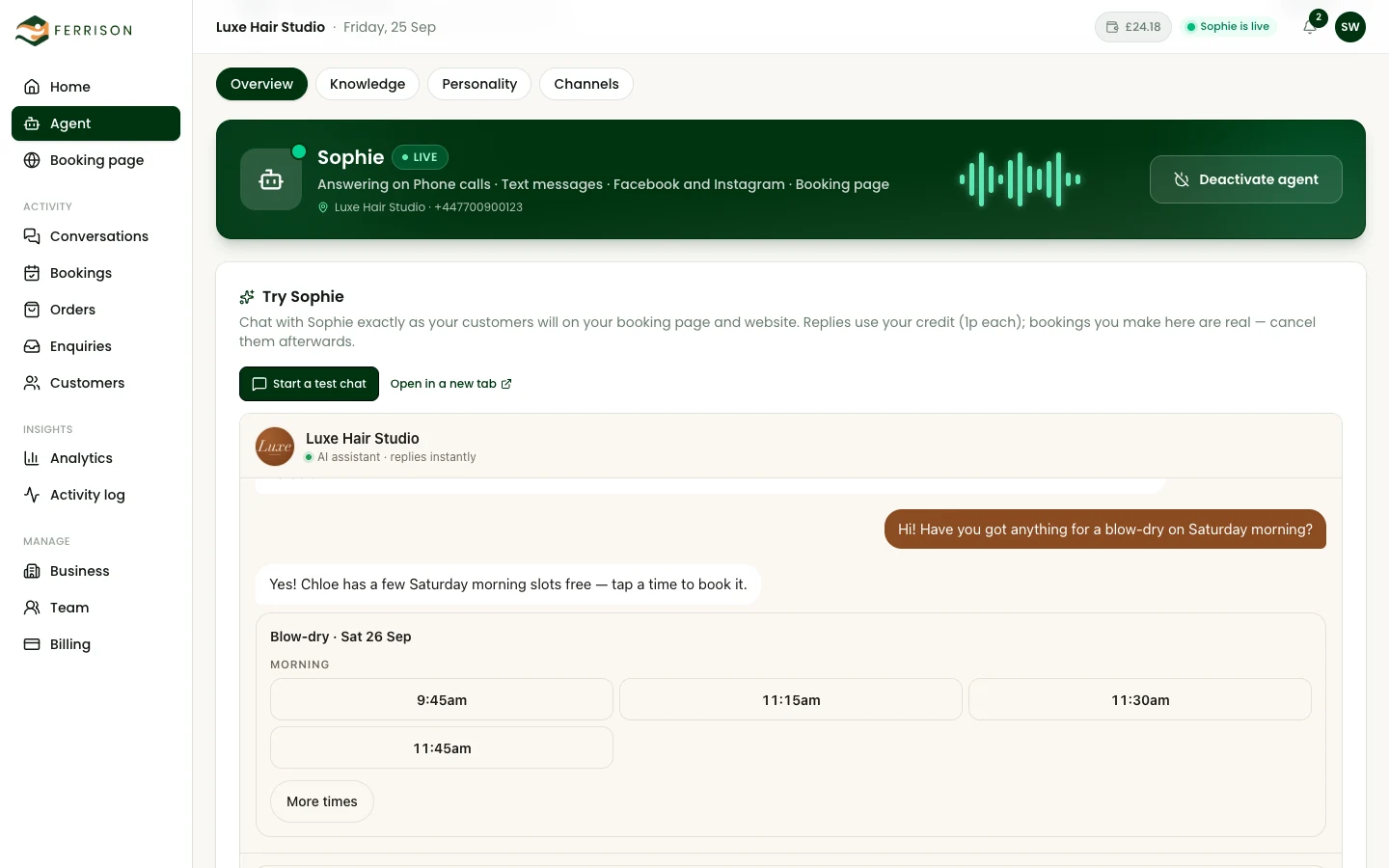 The Agent page: Sophie live on phone calls, text messages, Facebook and Instagram and the booking page, with a test chat offering Saturday blow-dry times.
