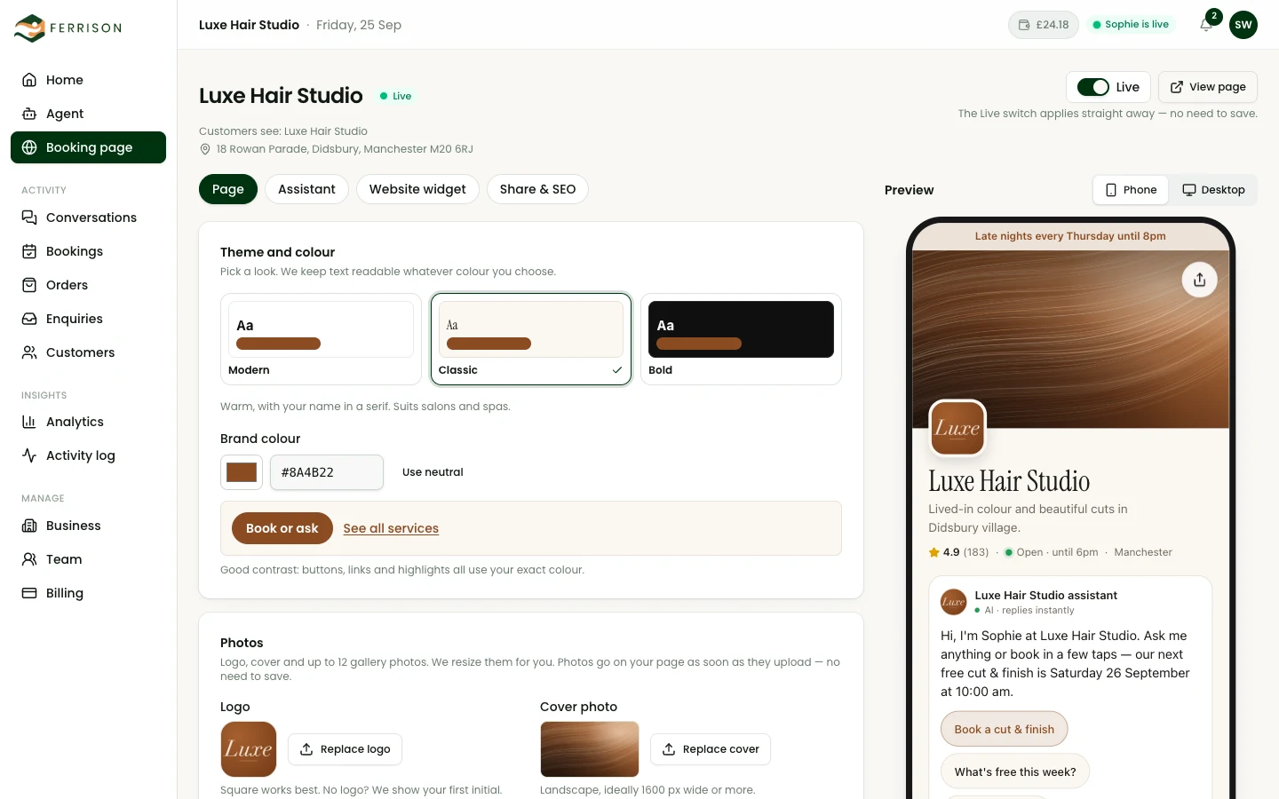 The booking page editor: theme and brand colour, logo and cover photo, with a live phone preview of the page.