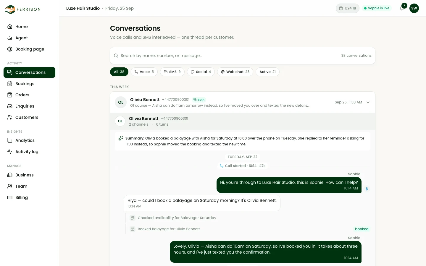 The conversations inbox, filtered by voice, SMS, social and web chat, with one customer's thread open: a summary, then the phone call in which the assistant booked her balayage.