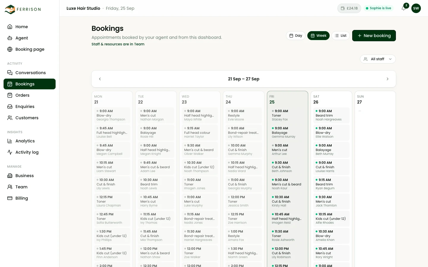 The bookings diary in week view, with appointments filling Monday to Saturday.