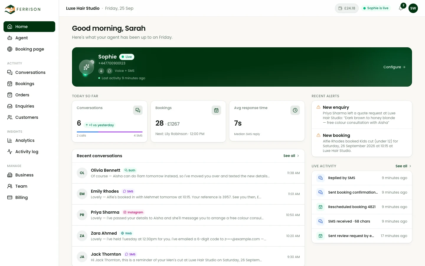 The Ferrison dashboard home for a sample salon: the assistant, Sophie, shown live; today's conversations and bookings; recent conversations over SMS, Instagram and web chat; alerts and a live activity feed.