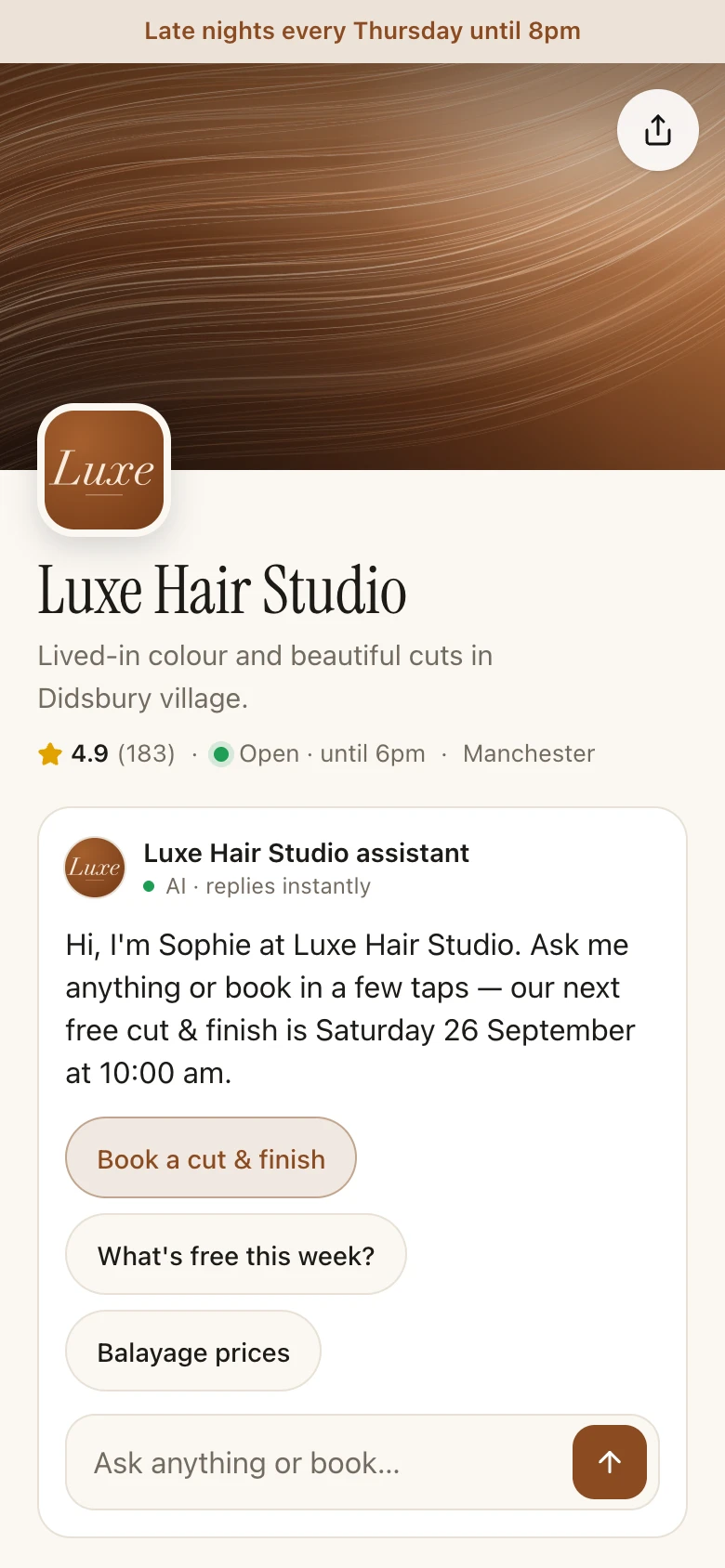 A real Ferrison booking page on a phone, shown with a sample salon: cover photo, logo and name, a 4.9 star rating, open until 6pm, and the assistant, Sophie, greeting visitors with the next free appointment and quick buttons to book or ask.